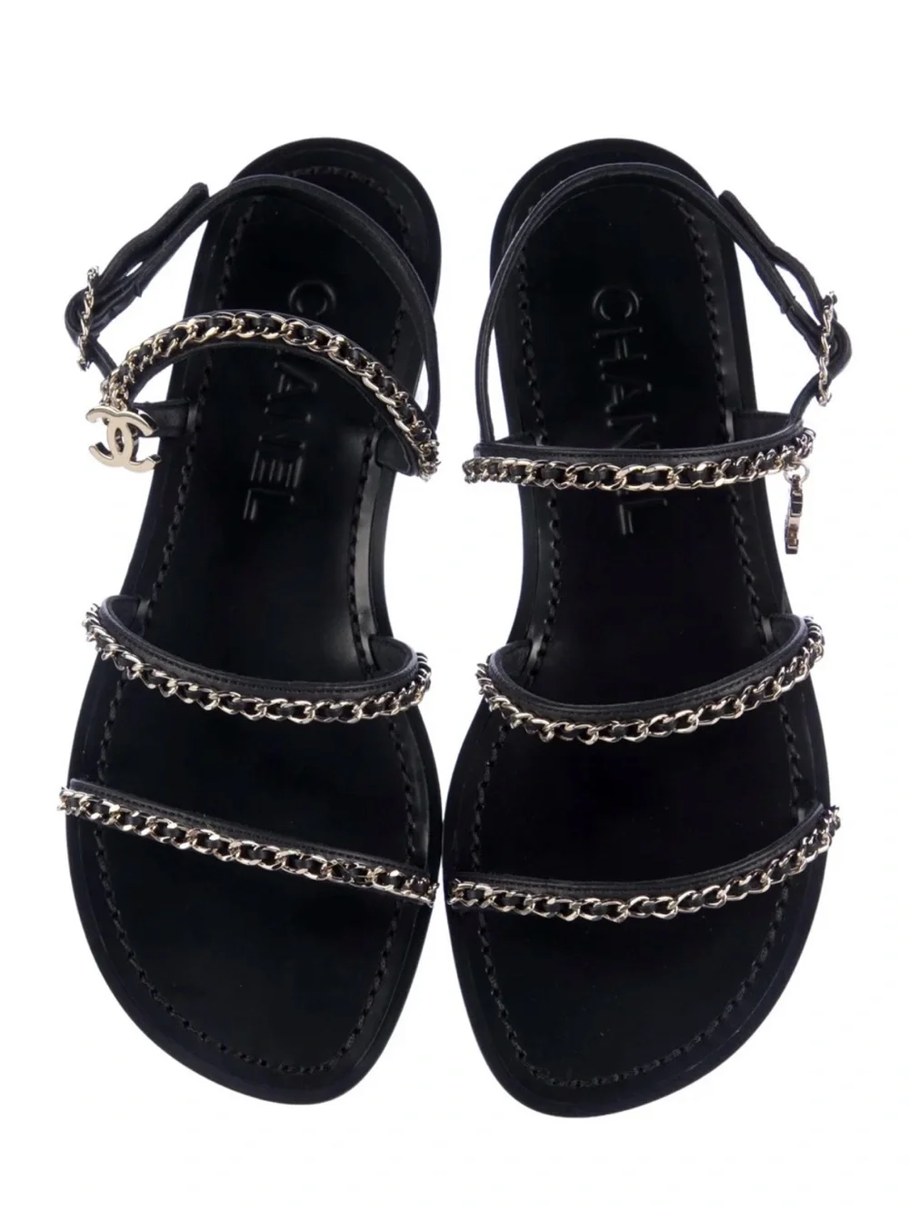 CHANEL Black Leather Chain-Strap Sandals with Gold CC Charm